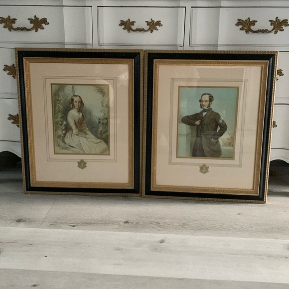 Antique Framed Art Print Portraits set of 2 women men Victorian gold leaf black - Picture 8 of 16